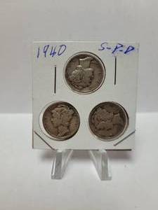 lot 143 image: 3) 1940 Mercury Dimes--90% Silver