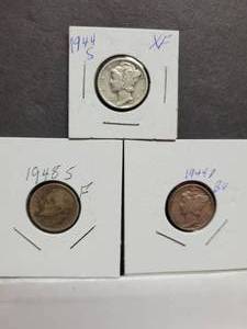 lot 145 image: 3) 90% Silver Dimes (2) Mercury (1) Roosevelt