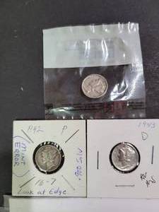 lot 146 image: 3) Mercury Dimes--90% Silver
