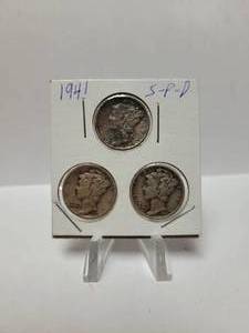 lot 135 image: 3) 1941 Mercury Dimes  90% Silver