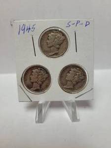 lot 136 image: 3) 1945 Mercury Dimes--90% Silver
