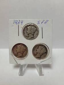 lot 138 image: 3) 1939 Mercury Dimes--90% Silver