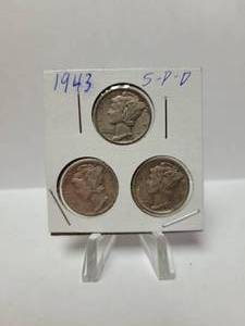 lot 139 image: 3) 1943 Mercury Dimes--90% Silver