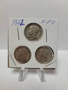 lot 140 image: 3) 1942 Mercury Dimes--90% Silver