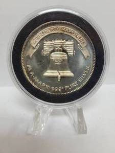 lot 256 image: 1985 Liberty Silver A-Mark Life Liberty Happiness 1oz .999 Fine Silver Round