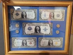 lot 685 image: 5) $1 SILVER CERITFICATES FRAMED WITH (4) BUFFALO NICKELS