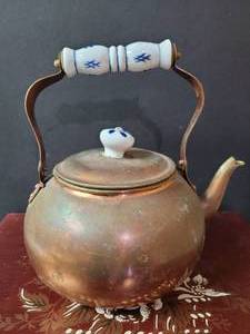 lot 714 image: COPPER TEA POT WITH PORCELAIN HANDLE