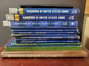lot 717 image: STACK OF EMPTY COIN COLLECTORS BOOK & (3) COIN PRICE BOOKS