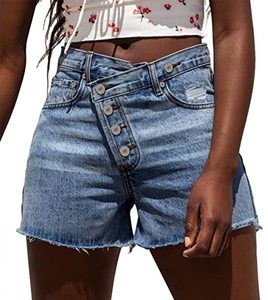 lot 11992 image: ZOLUCKY Womens Sexy Mid Waisted Stretch Ripped Denim Shorts Crossover Hot Pants Blue Jean Shorts Blue, Large