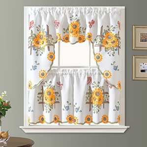 lot 11996 image: GOHD 3pcs Kitchen Cafe Curtain Set Air Brushed by Hand of Sunflower and Butterfly Design on Thick Satin Fabric (Swag and 24 inches Tiers Set)