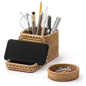 lot 12001 image: GAIAMADE Pen Holder with Phone Stand and Paper Clip Holder Bundle, Wicker Pencil Holder and Paper Clip Cup, Pencil Holder with Cell Phone Stand for Office Desk Organization and Home Decoration