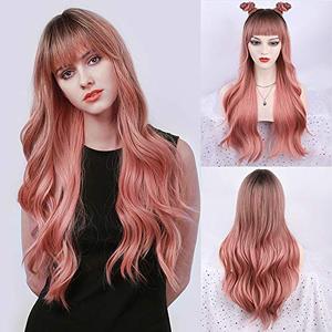 lot 12004 image: FORCUTEU Ombre Pink Wig with Bangs Long Pink Wavy Wigs for Women Long Pink Wavy Wig Pink Ombre Heat Resistant Wigs for Daily Party(Ombre Pink 26inch)