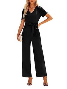 lot 12014 image: LYANER Womens Short Sleeve V Neck Tie Waist Wide Leg Jumpsuit Romper Black Medium