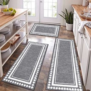 lot 12027 image: HEBE Kitchen Rug Sets 3 Piece with Runner Non Slip Kitchen Rugs and Mats Washable Kitchen Mats for Floor Low Pile Entrance Doormat Carpet Runner Rugs for Hallways Kitchen Laundry Room