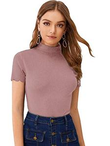 lot 12033 image: SweatyRocks Womens Mock Neck Ribbed Knit Scallop Short Sleeve T Shirt Tops Dusty Pink S