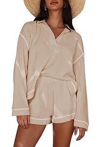 lot 12034 image: VamJump Womens 2 Piece Outfits Lounge Sets Casual Long Sleeve Shorts Waffle Knit Sweatsuit Sets Loungewear, Light beige S