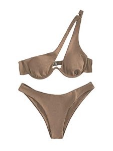 lot 12035 image: Lilosy Sexy Underwire Push Up Ribbed Cutout One Shoulder High Cut Leg Thong Brazilian Bikini Swimsuit Set Women Cheeky Bottom Bathing Suit 2 Two Piece Mocha Brown X-Large