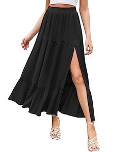 lot 12036 image: HAEOF Womens 2023 Boho High Waist A Line Flowy Summer Maxi Skirt Trendy High Slit Beach Long Skirts with Pockets(Black, XS)