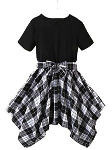 lot 12037 image: SOLY HUX Girls Two Piece Outfit Short Sleeve Crew Neck T Shirt with Plaid Print Belted A Line Mini Skirt Black and White 150