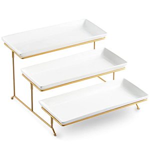 lot 12038 image: LYEOBOH 3 Tier Serving Stand and Platters Set Large Tiered Serving Platters with Collapsible Sturdier Rack 14 Inches Tiered Serving Tray for Appetizer Fruit, Dessert and Cupcake, White