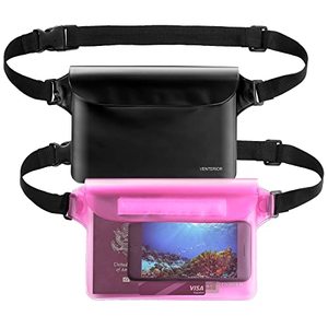 lot 12039 image: Waterproof Waist Pouch 2-Pack  Beach Accessories Waterproof Fanny Pack Dry Bag for Swimming Snorkeling Sailing Kayaking Pool Water Parks  Keep Your Phone Wallet Safe and Dry (Black & Pink)