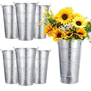 lot 12040 image: 6 Pcs 12In Galvanized Metal Vase with Handle Metal Planter Galvanized Bucket Metal Bucket Decor Flower Bucket Home Farmhouse Vase Table Centerpiece Decoration for Wedding Floral Arrangement (Silver)