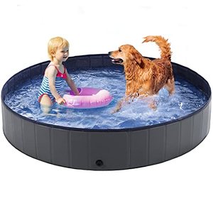 lot 12042 image: Dog Pool - Dog Pools for Large Dogs, Kiddie Pool Hard Plastic, Foldable Pool for Dogs Cats and Kids (47inch.D x 12inch.H, Grey)