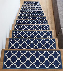 lot 12055 image: Lavinia Non-Slip Carpet Stair Treads for Wooden Steps, Slip Resistance Carpet Mat Strips for Indoor Stairs, Easy to Install with Self Adhesive Tapes, Washable Stairs (9X28, Blue,Navy, 4)