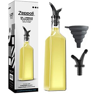 lot 12057 image: Zeppoli Kitchen Oil and Vinegar Bottle Dispenser Set with Removable Cork - Dual Spout, Pouring Funnel, 2 Spout Seals, 17 oz Olive Oil Bottle and Vinegar Glass Set