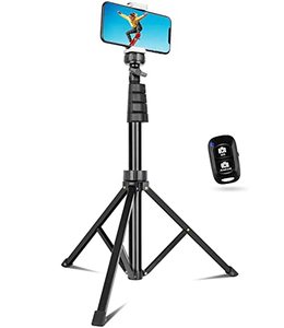 lot 12058 image: Sensyne 62 Phone Tripod & Selfie Stick, Extendable Cell Phone Tripod Stand with Wireless Remote and Phone Holder, Compatible with iPhone Android Phone, Camera (Black)