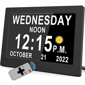 lot 12060 image: Vfa Newest,Dementia Clock with Auto DST & 15 Alarms, Day Clock with SunMoon Icons for Memory Loss, Alzheimers, 7 Inch Black with Remote
