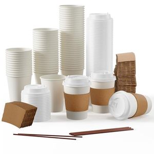 lot 12064 image: JOLLY PARTY 12 oz Disposable Paper Coffee Cup with Lids, Sleeves, and Stirrers, HotCold Beverage Drinking Cup for Water, Juice, Coffee or Tea, Suitable for Home, Shops and Cafes, 100 Pack