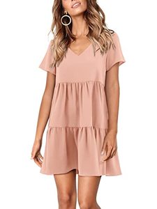 lot 12075 image: Amoretu Womens Shift Dress Casual V Neck Loose Pleated Tunic Dresses (Pink,XXL)