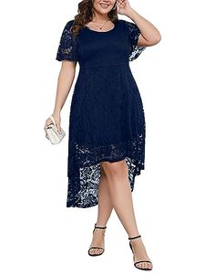lot 12078 image: SCOMCHIC High Low Cocktail Dress Lace A Line Flowy Plus Size Wedding Guest Dresses for Women Formal Navy