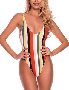 lot 12085 image: RELLECIGA Womens Multi Striped High Cut Low Back One Piece Swimwear Bathing Suits Size X-Large