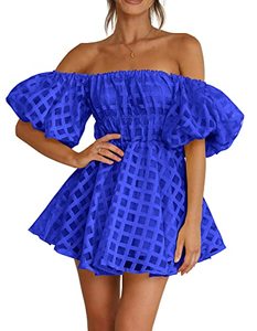 lot 12088 image: PRETTYGARDEN Womens Off The Shoulder Babydoll Dress Short Puff Sleeve Casual A Line Ruffle Summer Dresses (Plaid Royal Blue,Small)