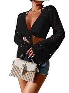 lot 12090 image: SOLY HUX Womens Deep V Neck Tie Front Hollow Out Long Sleeve Beach Swimsuit Bikini Cover Up Top Black M