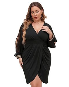 lot 12092 image: LAPA Womens Plus Size Deep V Wrap Dresses, Long Sleeve Front Slit Bodycon Dress Black