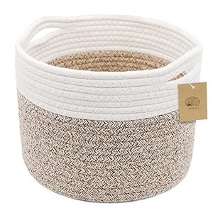 lot 12101 image: Small Rope Basket Round Woven Basket With Handle 9.5x9.5x7.1 in Cute Cotton Nursery Shelf Storage Basket Stitching Brown Beige Mixed Design Style 8.2L
