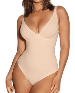 lot 12103 image: FeelinGirl Thong Shapewear for Women Tummy Control Deep V Neck Bodysuit Thong Faja Slim Basic Jumpsuit Top Backless Body Shaper