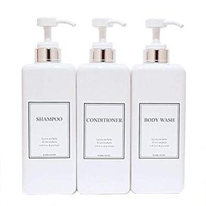 lot 12143 image: HARRA HOME Modern Gold Design Pump Bottle Set 27 oz Refillable Shampoo and Conditioner Dispenser Empty Shower Plastic Bottles with Pump for Bathroom Lotion Body wash, Pack of 3 (White & Silver)