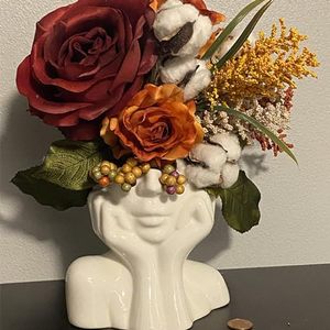 lot 12148 image: Mezchi Ceramic Face Vase, Unique Head Flower Vase, 5.5 W x 4.5 H Small Modern Bust Statue Vase, Female Form Body Vase for Home, Office, Table, Book Shelf Decor, White