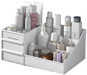 lot 12168 image: XIOU Makeup Desk Organizer with Drawers - Countertop Organizer for Cosmetics, Vanity Holder for Lipstick, Brushes, Lotions, Eyeshadow, Nail Polish and Jewelry (White)