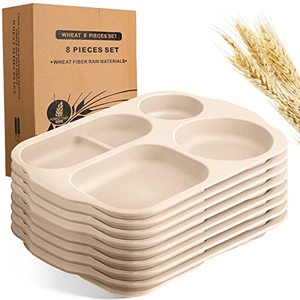 lot 12174 image: 8 Pcs Large 12 Inch Unbreakable Divided Plates Section Plates Kids Food Tray 5 Compartment Plates Wheat Straw Toddlers Lunch Trays for Kid Toddler Children Adult Microwave Dishwasher Safe (Beige)