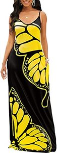 lot 12180 image: Summer Dresses for Women Plus Size Loose Yellow Butterfly Printed Adjustable African Dress Sundress with Pockets