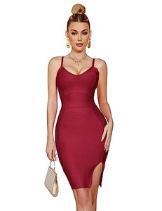 lot 12187 image: meilun Sexy Side Slit Bandage Dress for Women Deep V-Neck Dress Cocktail Evening Gowns Wedding Guest Dress(Wine,XL)