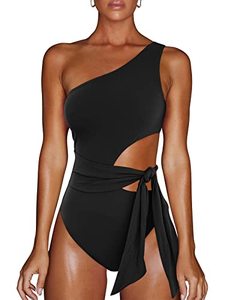 lot 12199 image: LILLUSORY Women One Piece Swimsuits Sexy One Shoulder Monokinis Cute Tummy Control Tie Side Cut Out Bathing Suits Shapewear Black