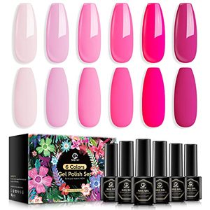 lot 12203 image: MEFA Pink Gel Nail Polish Set 6 Colors, Hot Pink Shades Neon Light Bright Pink Magenta Electric Tones Craze Sakura Nail Art Design Salon Home Manicure Kit Valentines Gifts for Women Girls