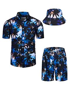 lot 12209 image: TUNEVUSE Mens Hawaiian Shirts and Shorts Set 2 Pieces Tropical Outfits Printed Button Down Beach Shirt Suit with Bucket Hats Navy Large