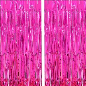 lot 12215 image: 2 Pcs 3.2ft x 8.2ft Shiny Hot Pink Metallic Tinsel Foil Fringe Curtains Photo Booth Backdrop for Birthday Wedding Holiday Celebration Bachelorette Party Decorations (Hot Pink)